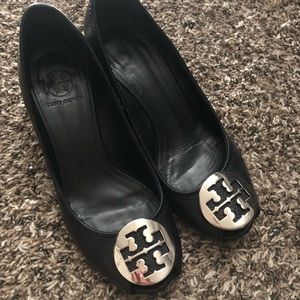 Tory Burch black leather wedges. Peep toe.